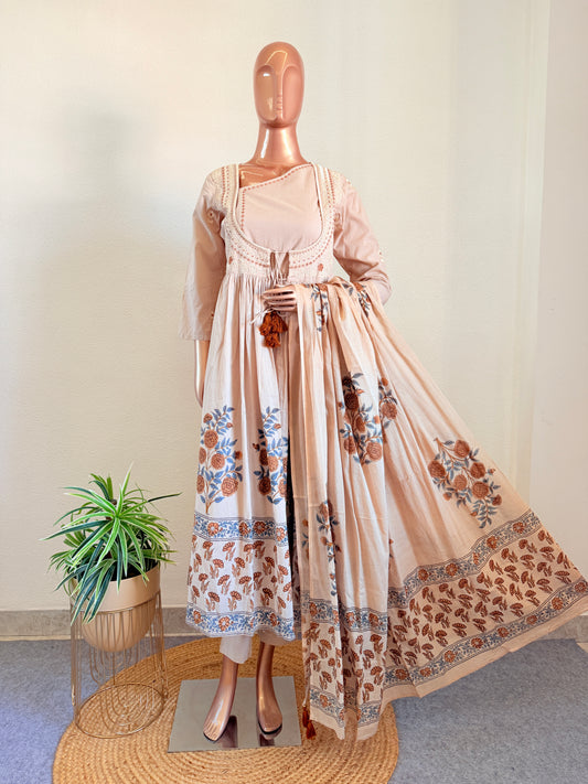 Angrakha Yoke Block Print Cotton Frock Suit