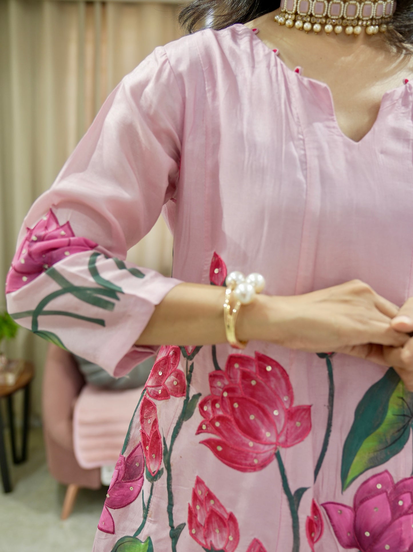 Dola Silk Short Peplum Palazzo Set with Lotus Hand Painting
