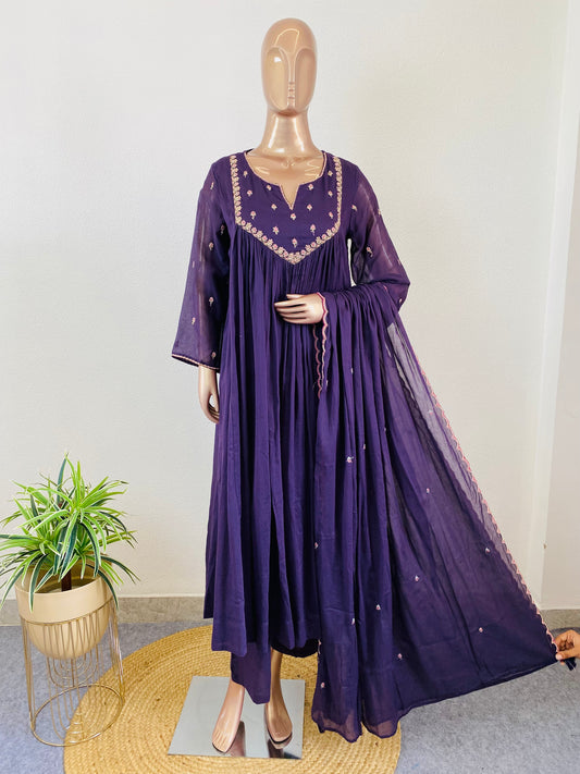 Embroidered Yoke Mul Cotton Frock Suit - Purple