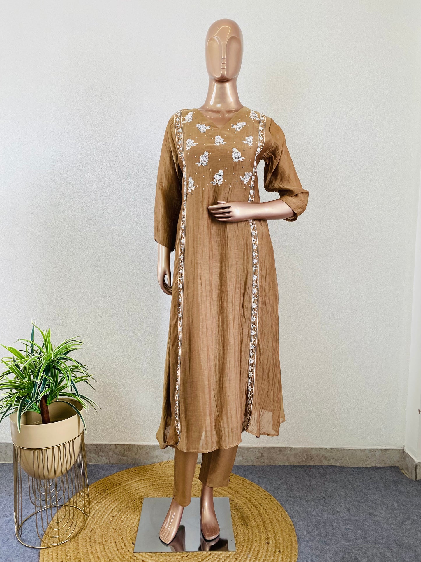 Hand Embroidered Mul Chanderi Frock Suit Set