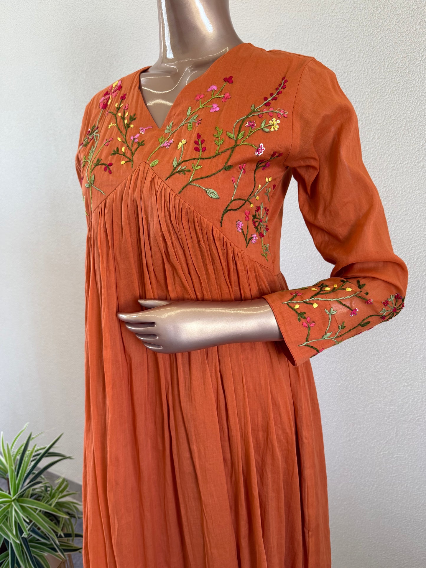 Malai Cotton Frock Suit Set with Hand Embroidery - Rust