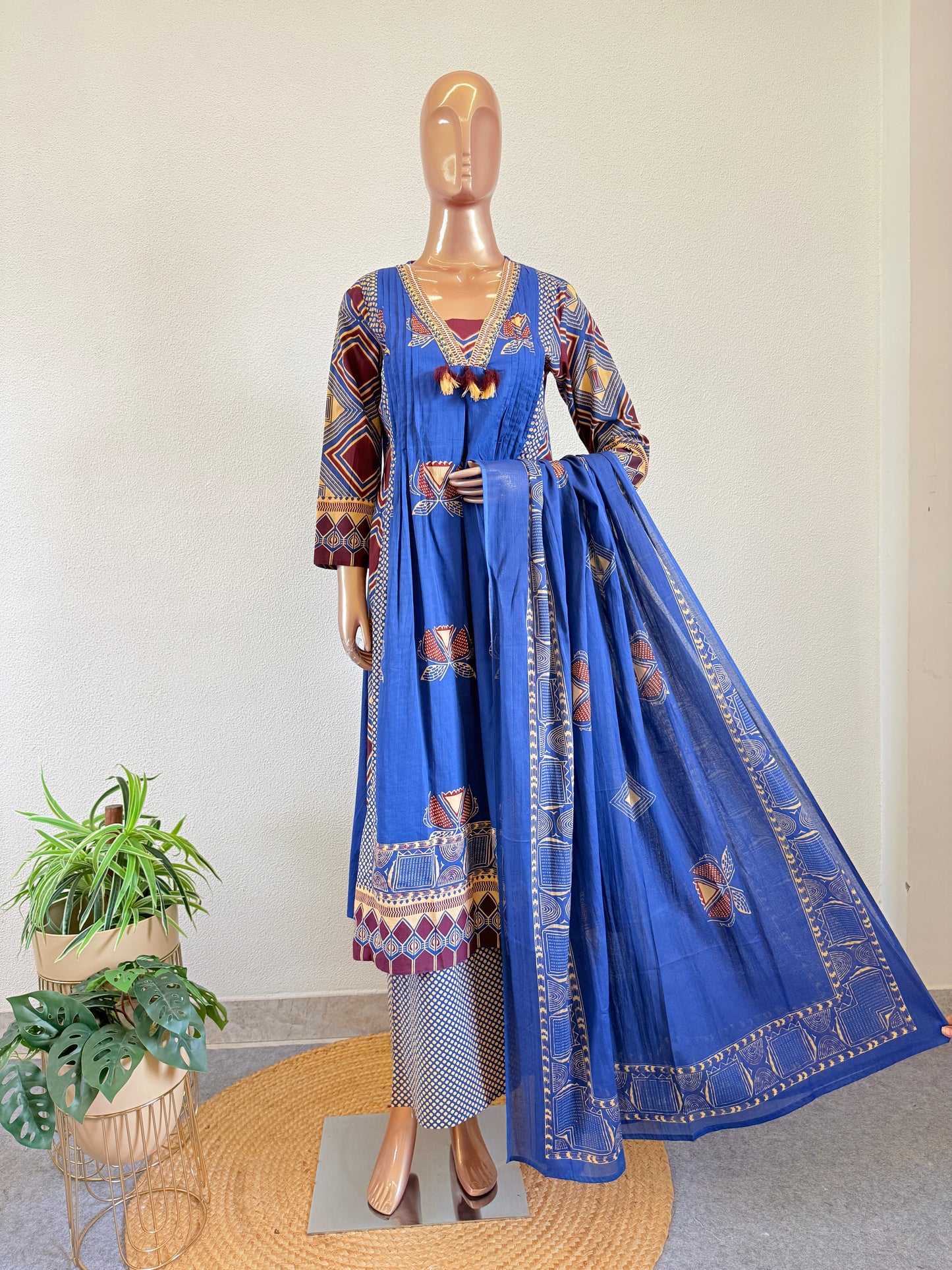 Embroidered V-Neck Pintuck Kalidar Suit Set with Wide Printed Pants & Dupatta