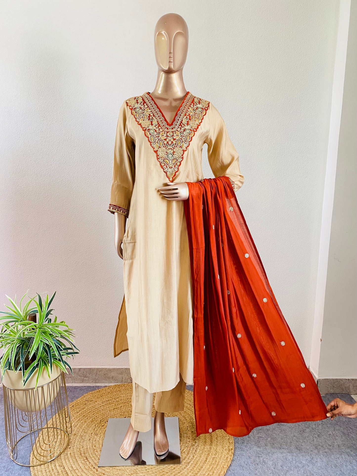 Embroidered Neck Muslin Suit with Contrast Dupatta