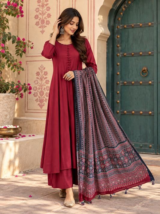 Rayon Anarkali Suit Set with Mul Cotton Ajrakh Dupatta