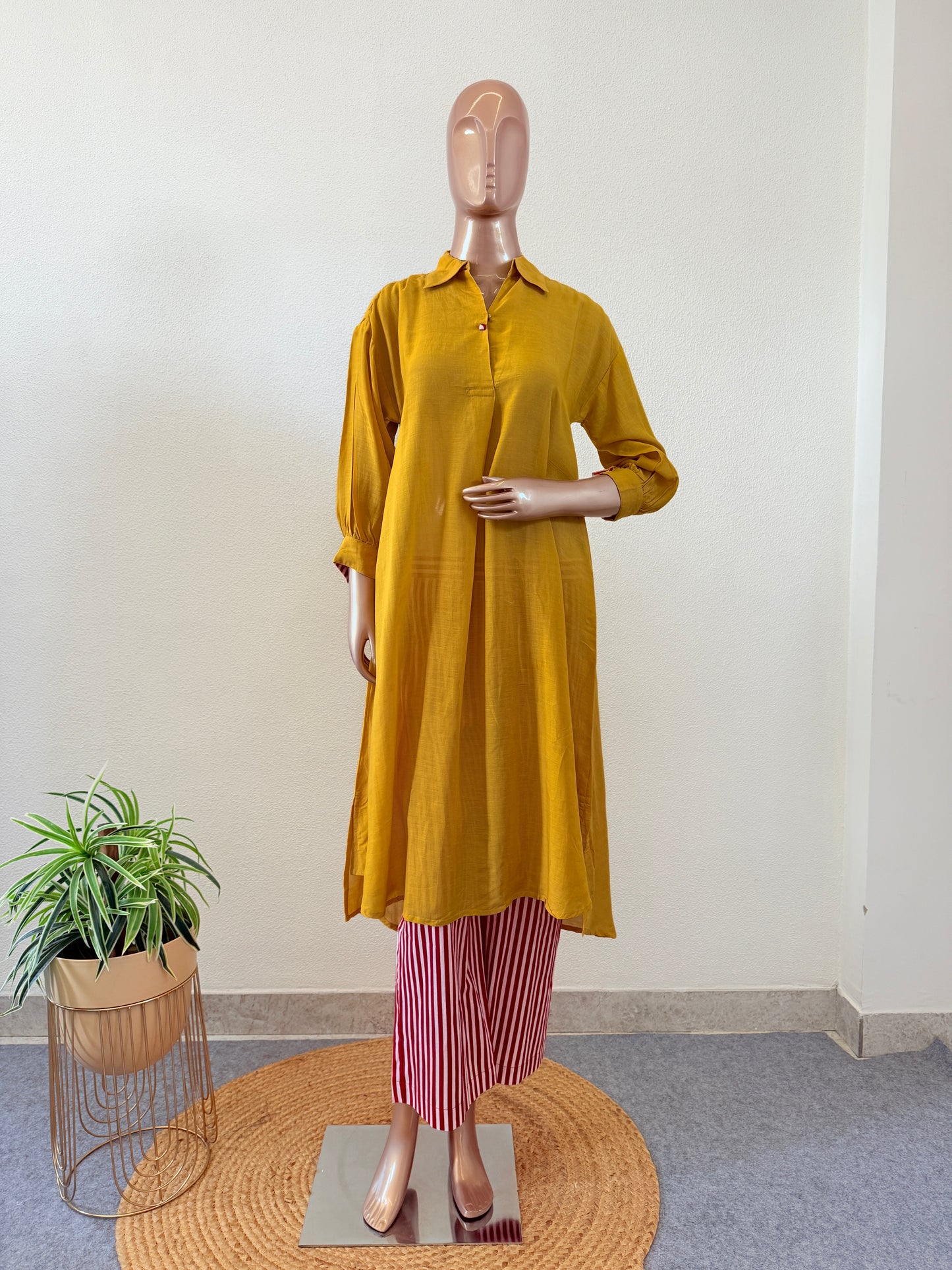 Viscose Linen Kurta with Striped Pants