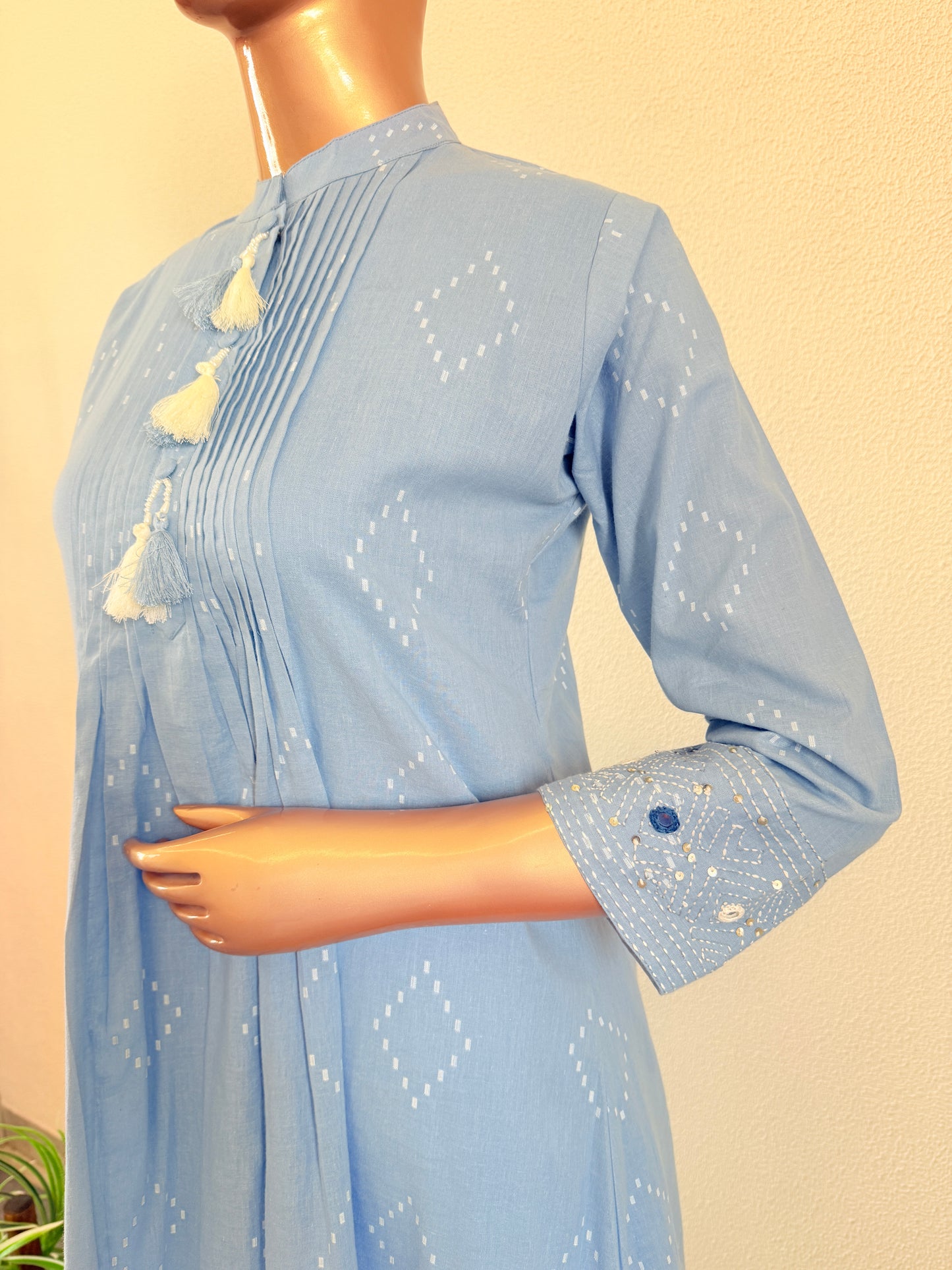 Jamdani A-Line Suit set with Katha & Mirror Work