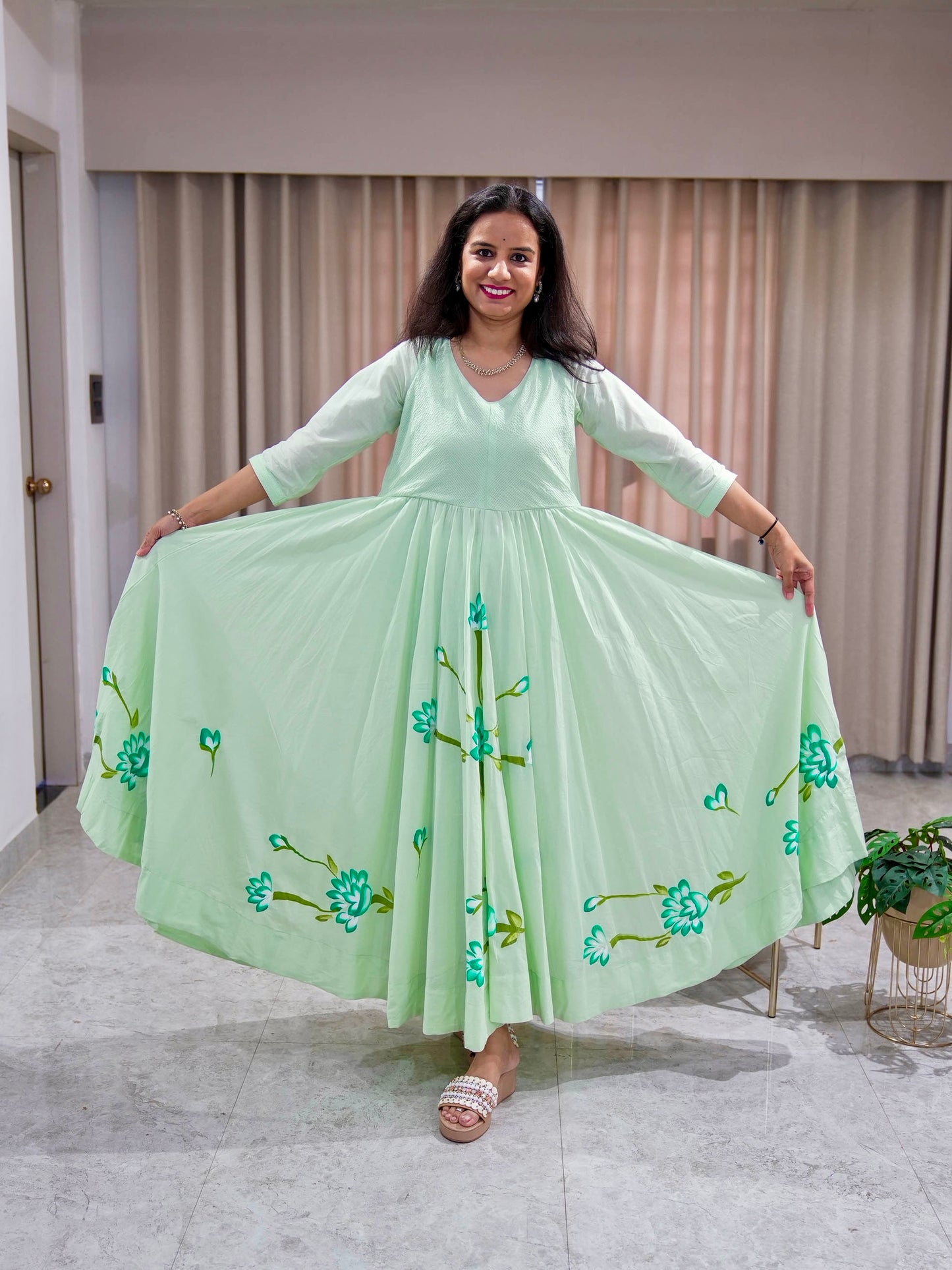 Hand Painted Pure Cotton Flared Frock Suit
