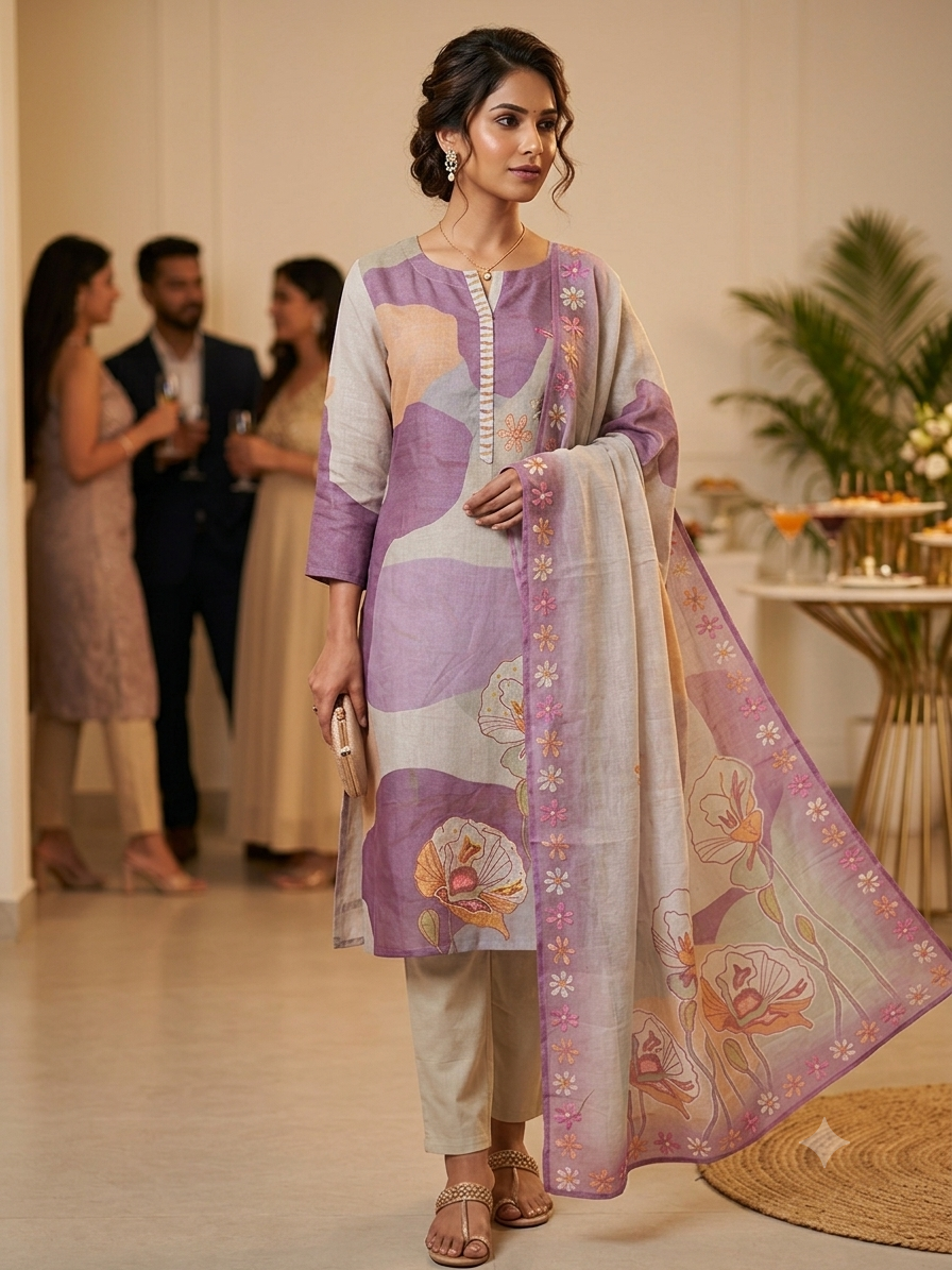 Color-Blocked Abstract Print Linen Suit Set with Embroidery