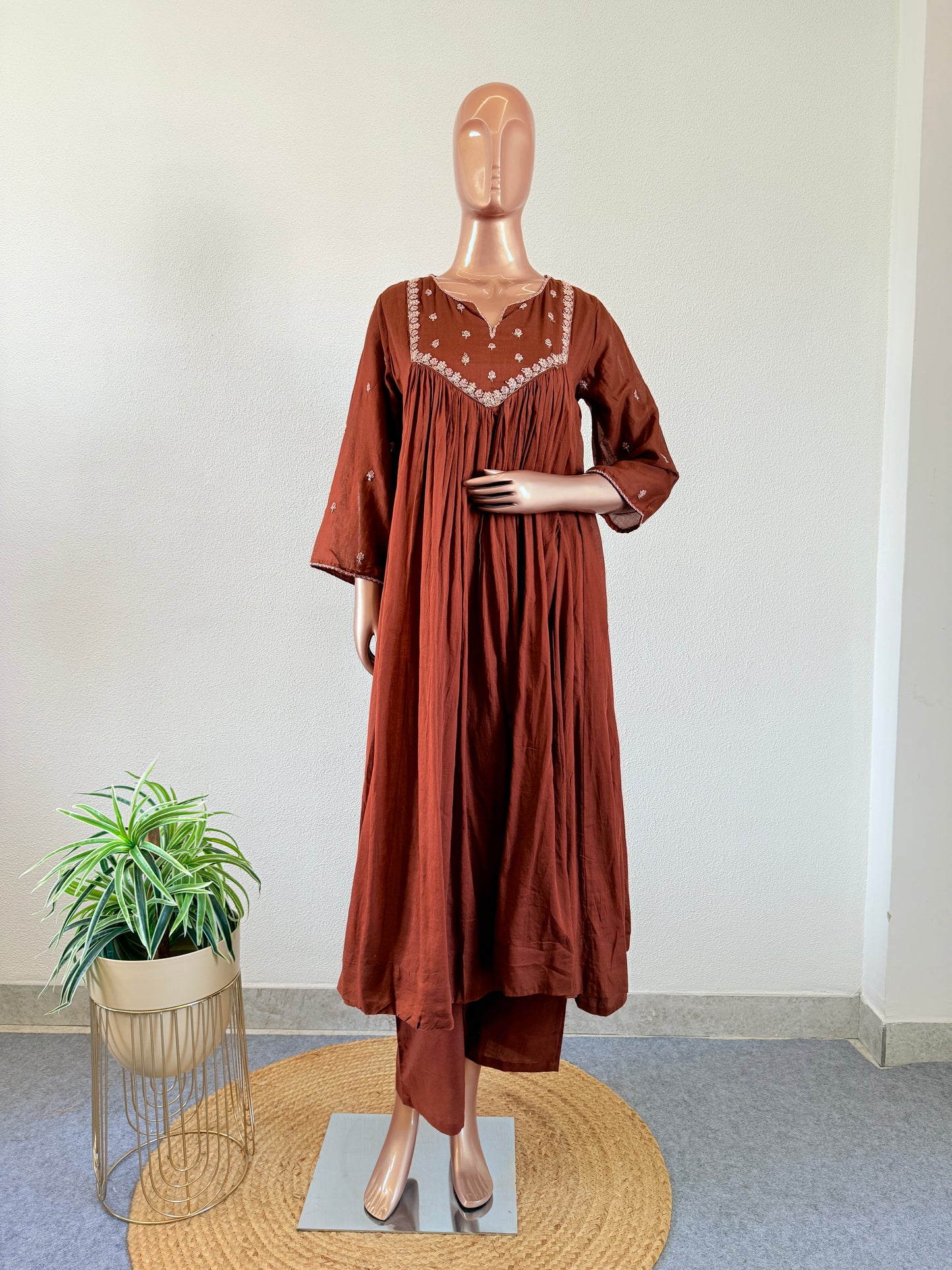 Mul Cotton Frock Suit with Zari Work - Brown
