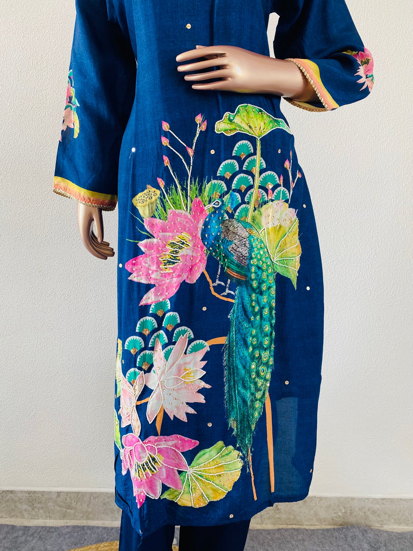 Peacock Print Muslin Silk Suit with Organza Dupatta