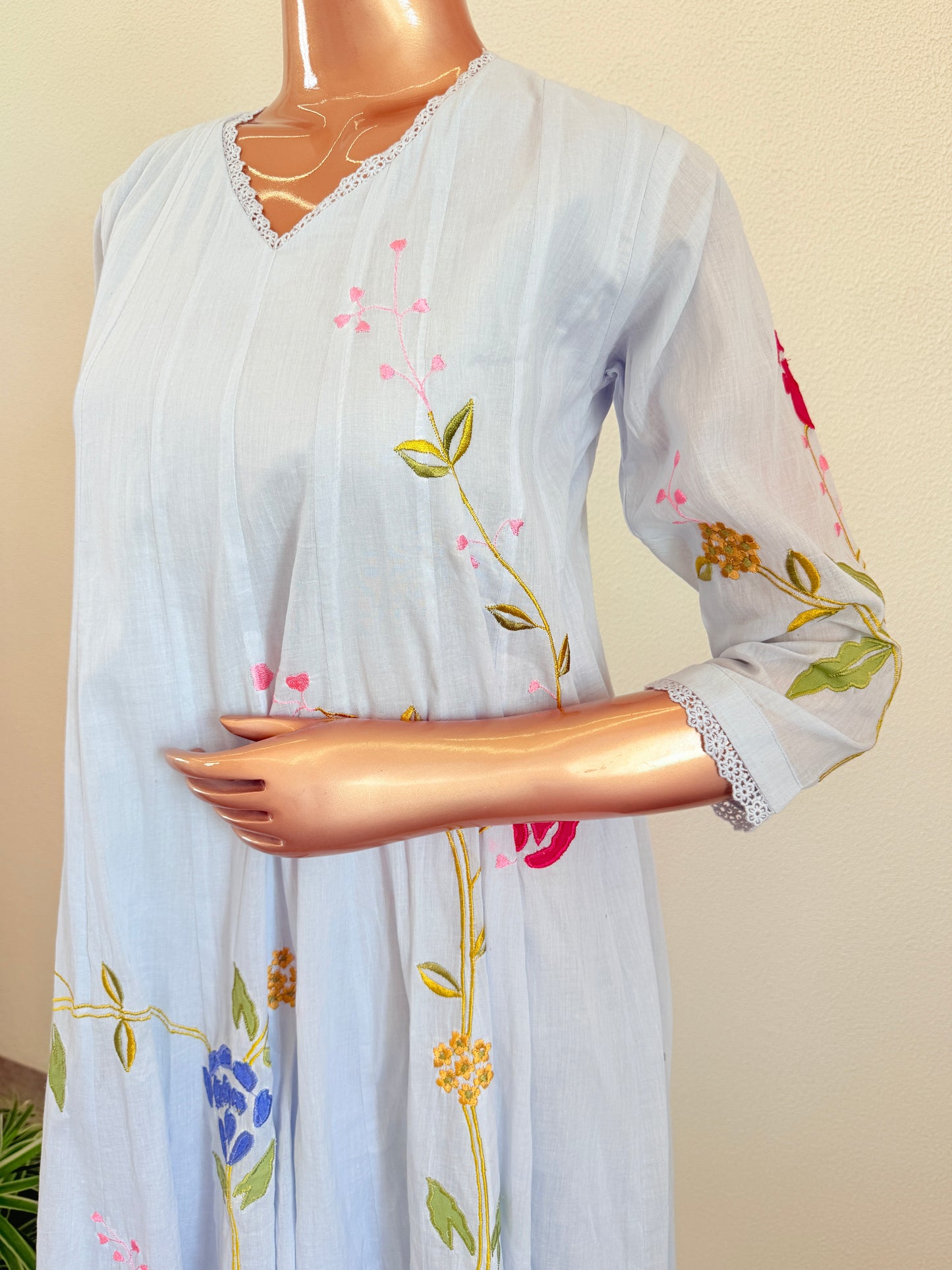 Applique Work Anarkali Mul Cotton Tunic- Blue