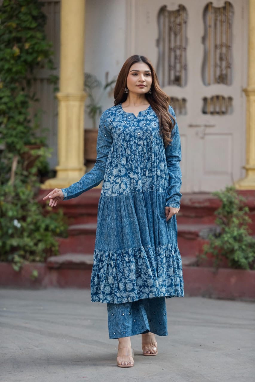 OG Indigo dyed Tiered Pattern Kurta Palazzo with Real Mirror Work