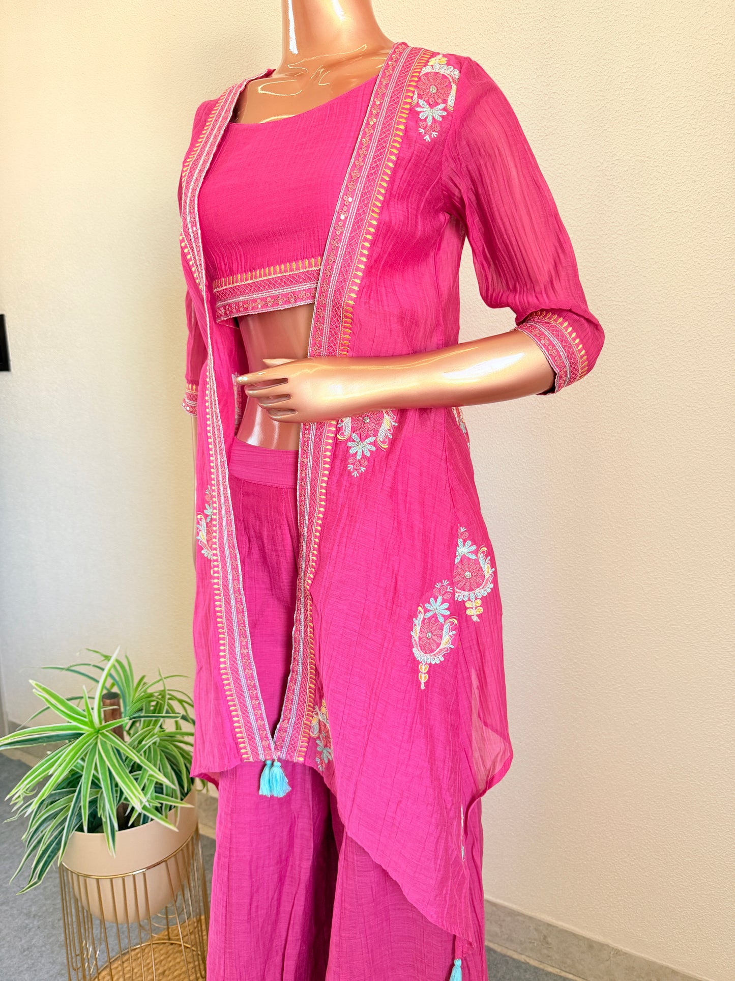 Mul chanderi Crop Top Palazzo Jacket Set