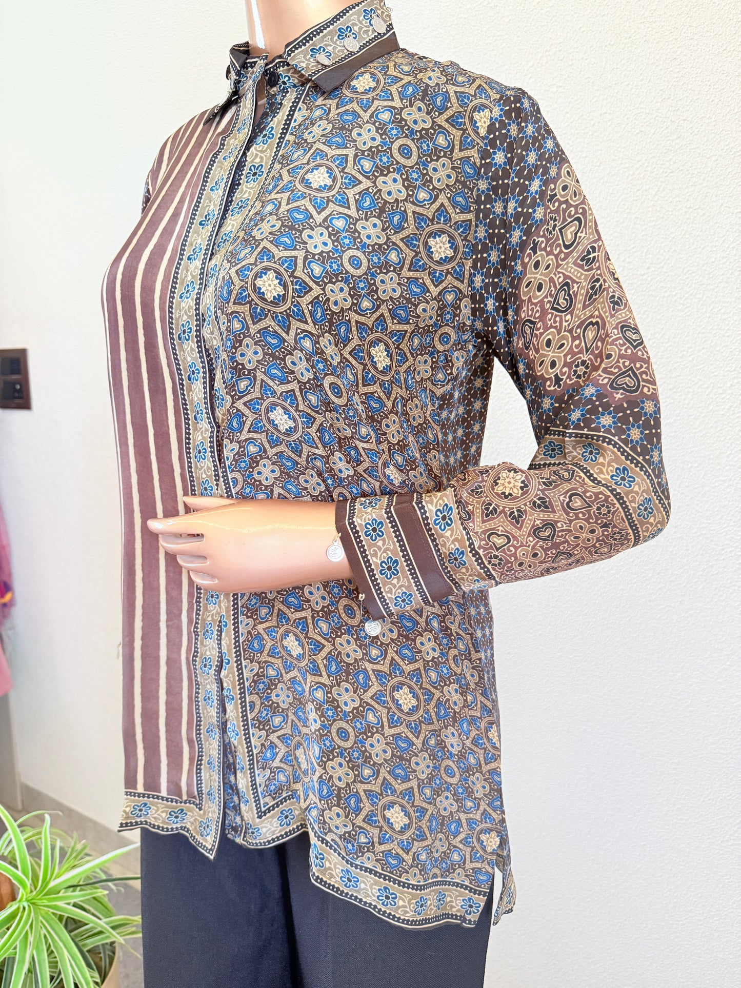 Ajrakh Printed Crepe Shirt with Striped Accents