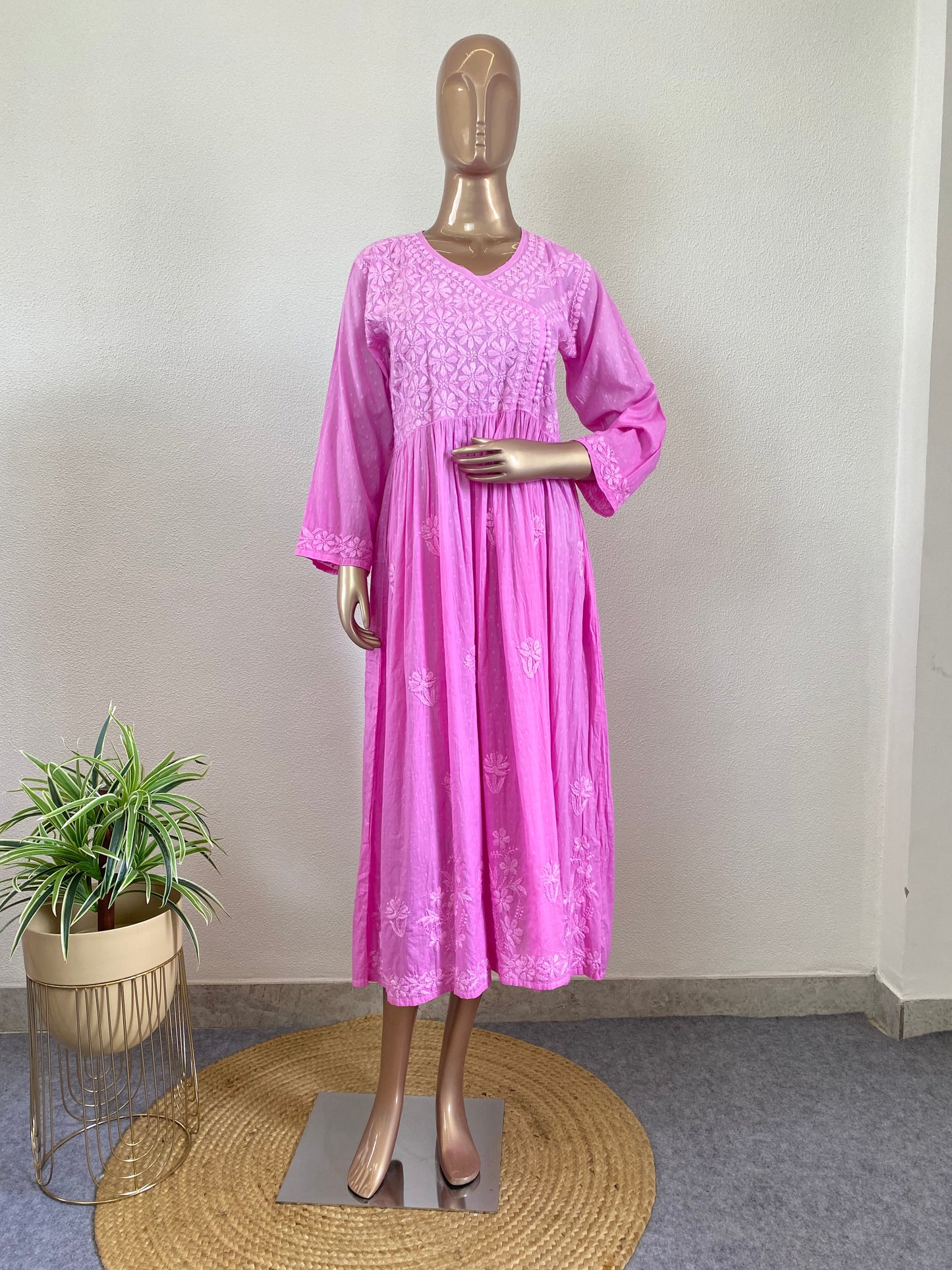 Dobby Cotton Chikankari Tunic - Pink