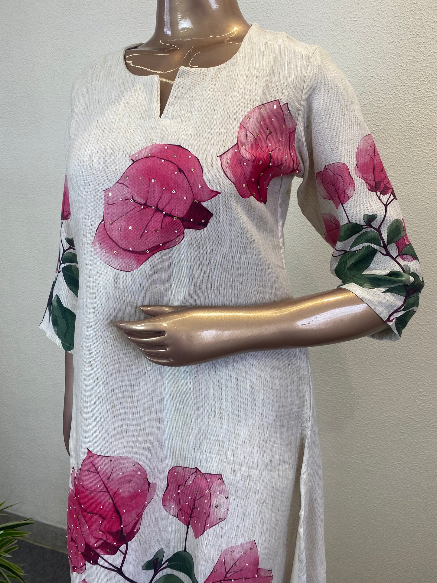 Linen Suit Set with Bougenvillia Flower Print