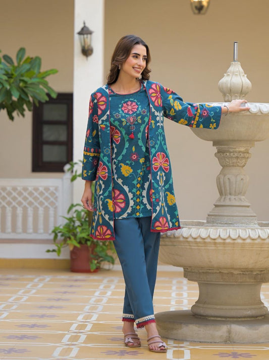 Cotton Flex Jacket 3 Piece Coord Set- Blue