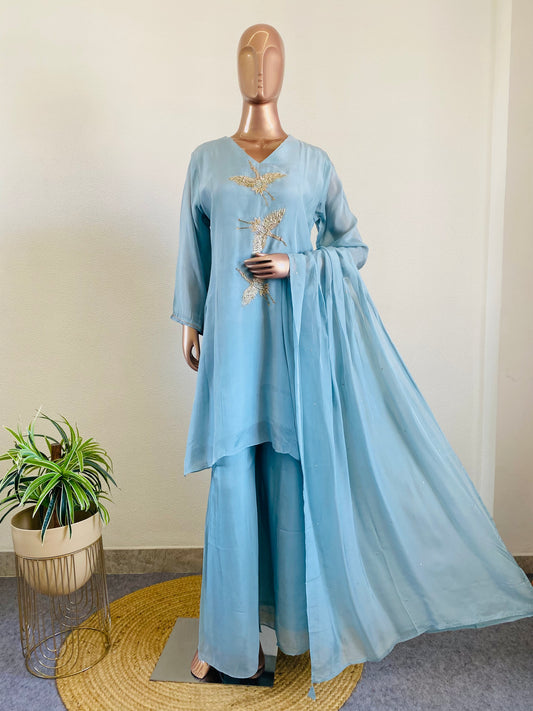 Bird Embroidered Soft Organza Kurta Palazzo Set