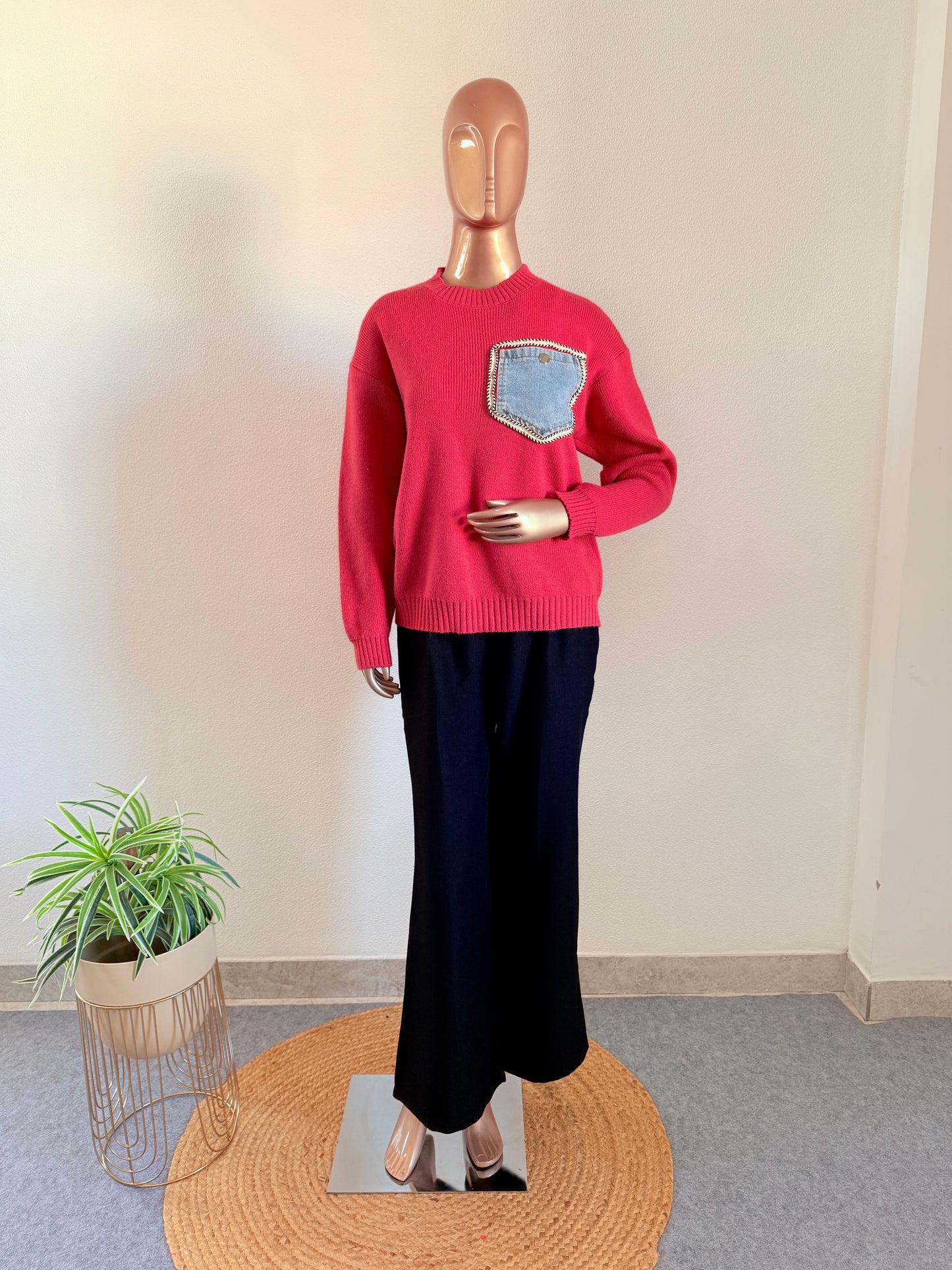 Woollen Sweater with Denim Pocket - Carrot