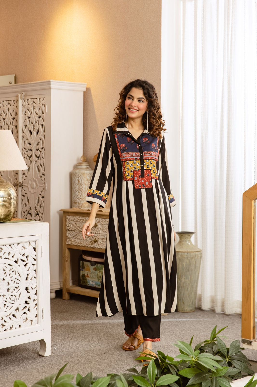 Monochrome Striped Tunic with Patchwork Yoke & Trousers