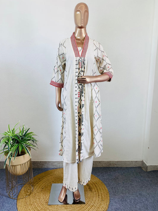 Cotton Flex Kurta Pant Set with Weave like Print