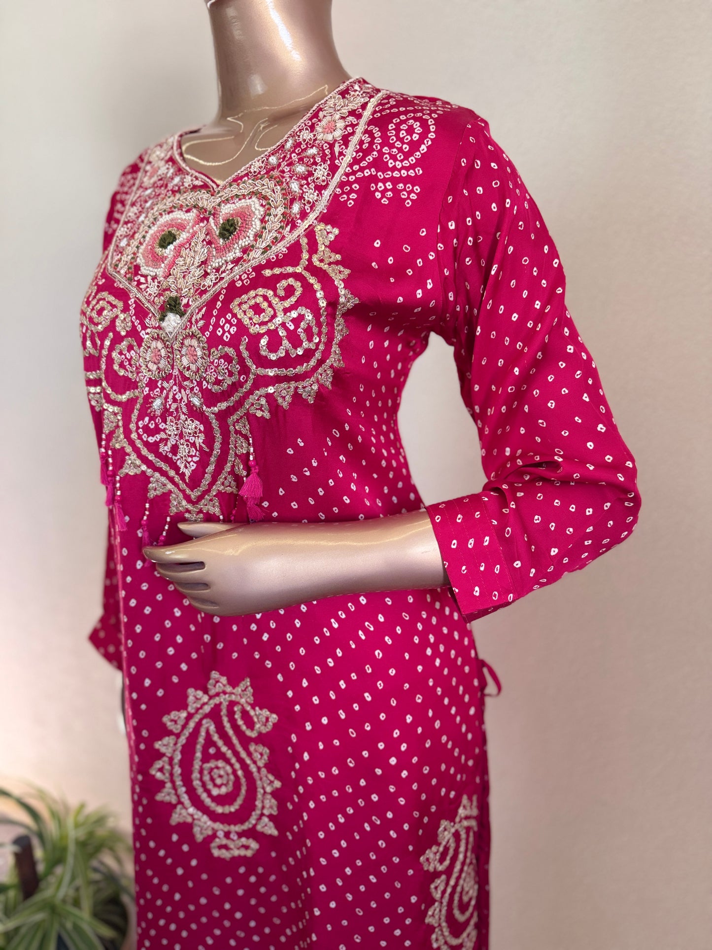 Modal Silk Bandhani Print Suit Set with Heavy work on Yoke