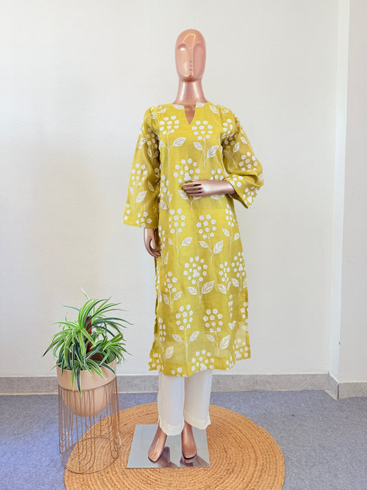 Alia Bhatta Applique Work Mul Chanderi Kurta Pant Set - Lemon