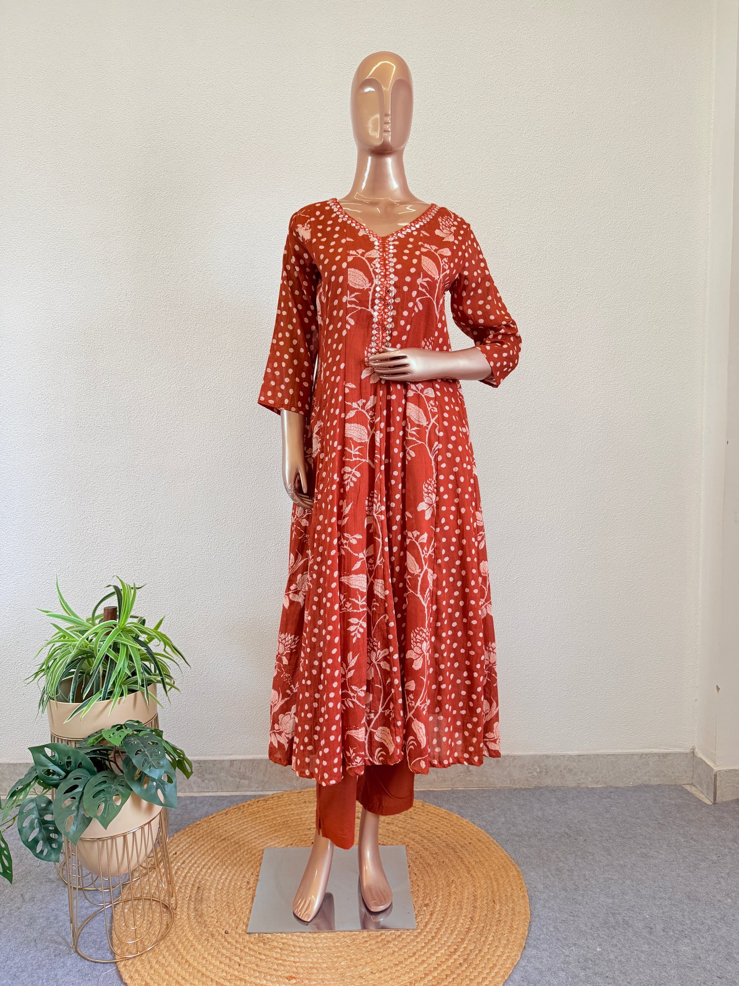 Mirror-Work Placket Anarkali Suit Set with Botanical Print Dupatta