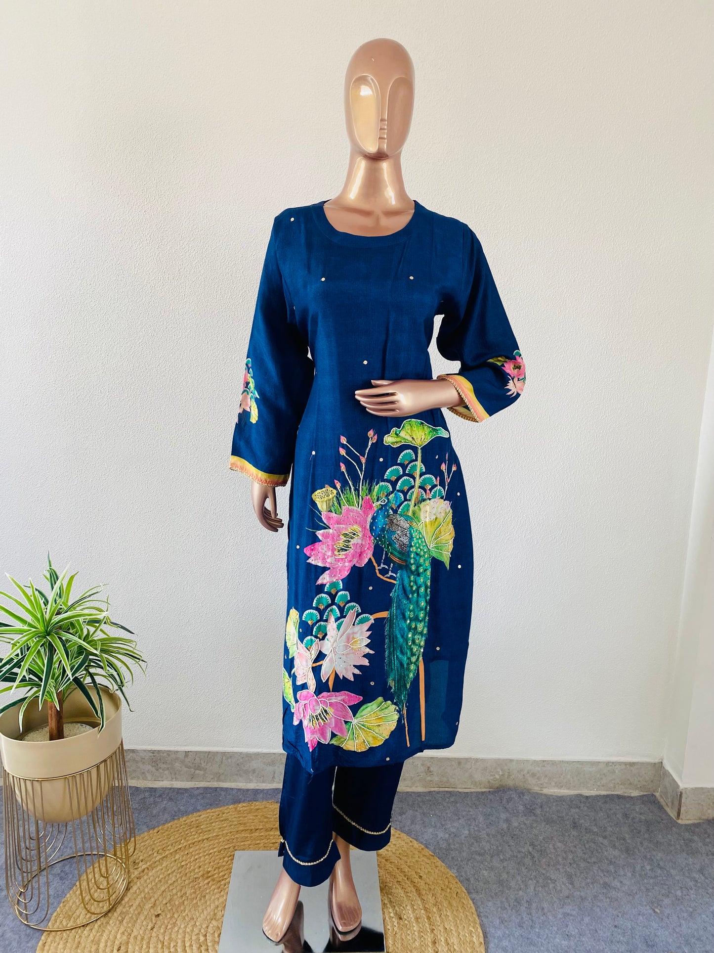 Peacock Print Muslin Silk Suit with Organza Dupatta