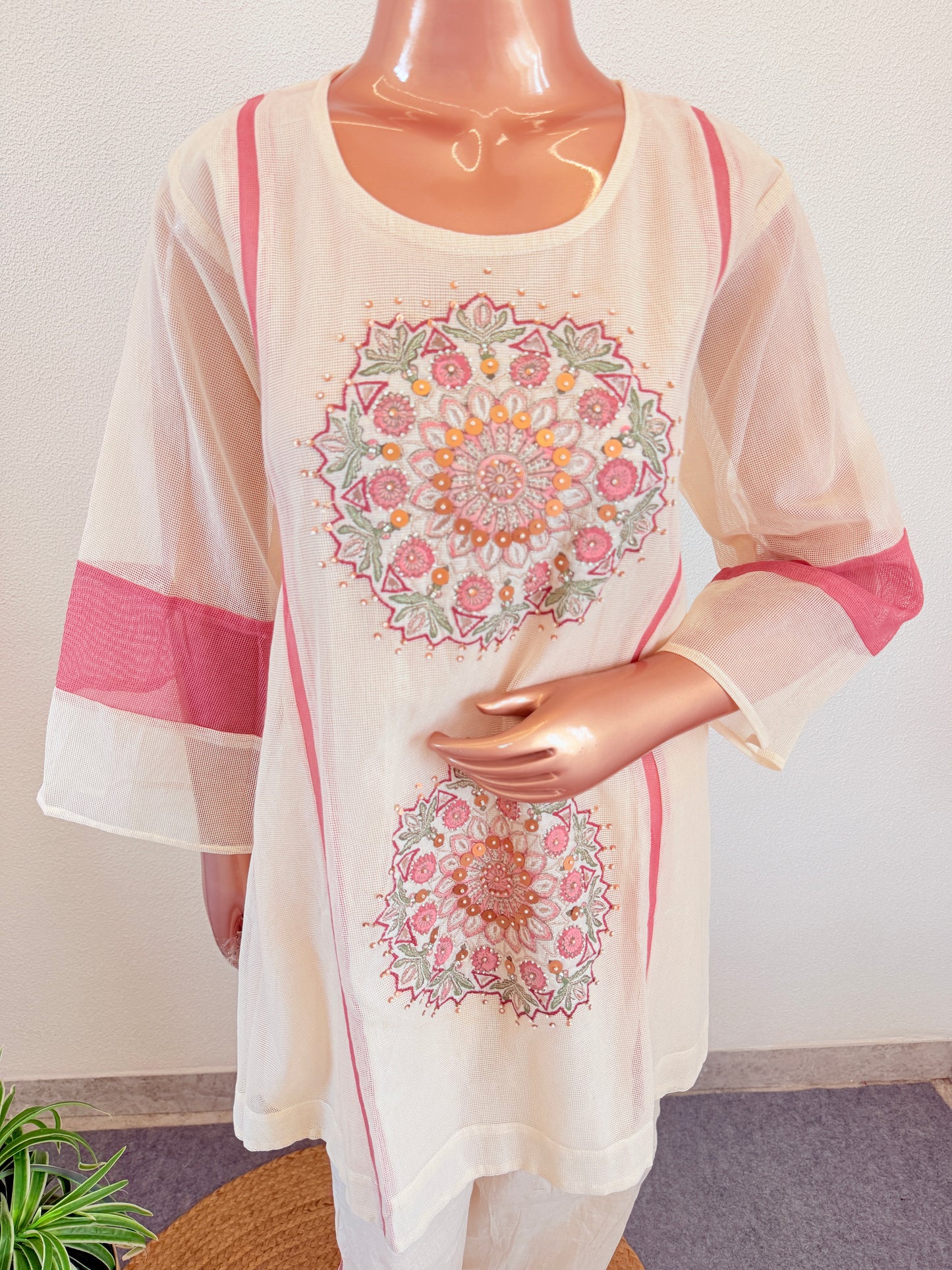 Super Net Cotton Coord Set with Pink Mandala Embroidery and Sequins