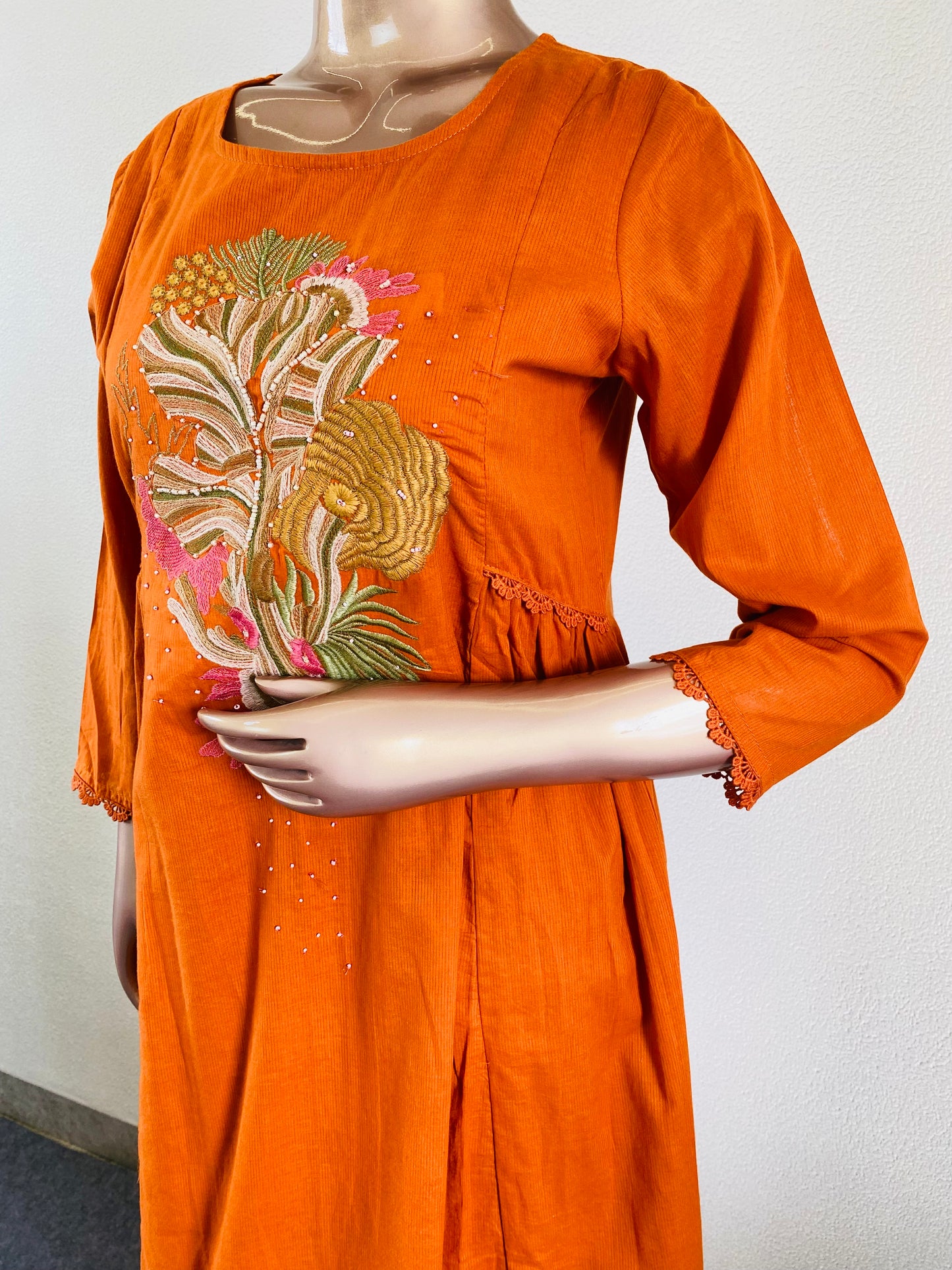 Embroidered Silly Cotton A-line Suit Set - Rust
