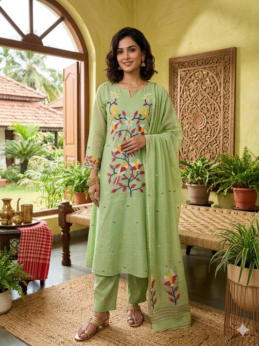 Jamdani A Line Suit Set with Scalloped Neckline- Mint
