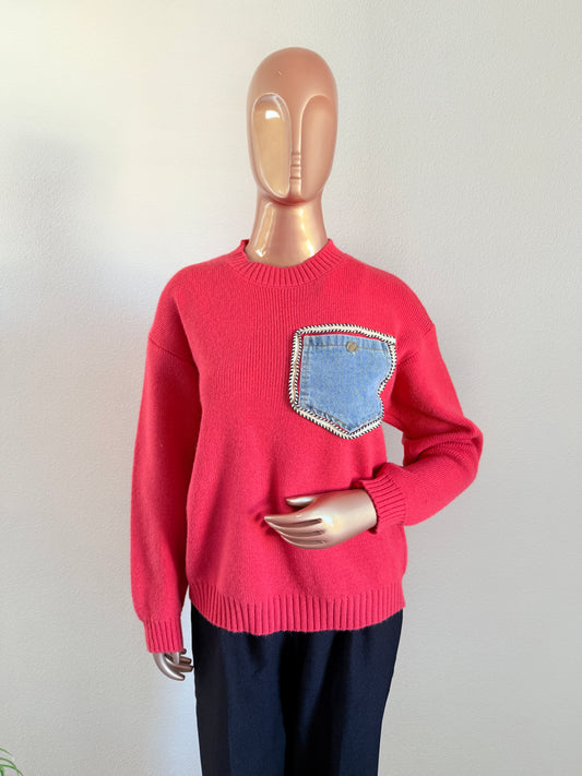 Woollen Sweater with Denim Pocket - Carrot