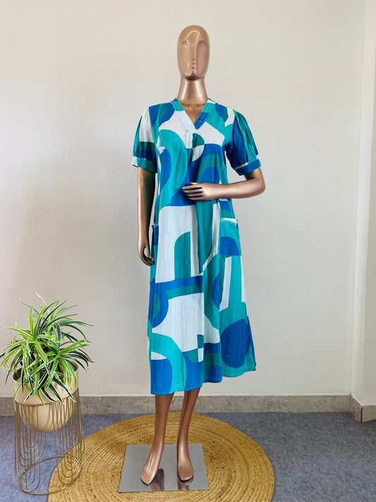 Geometric Print Cotton Tunic - Green