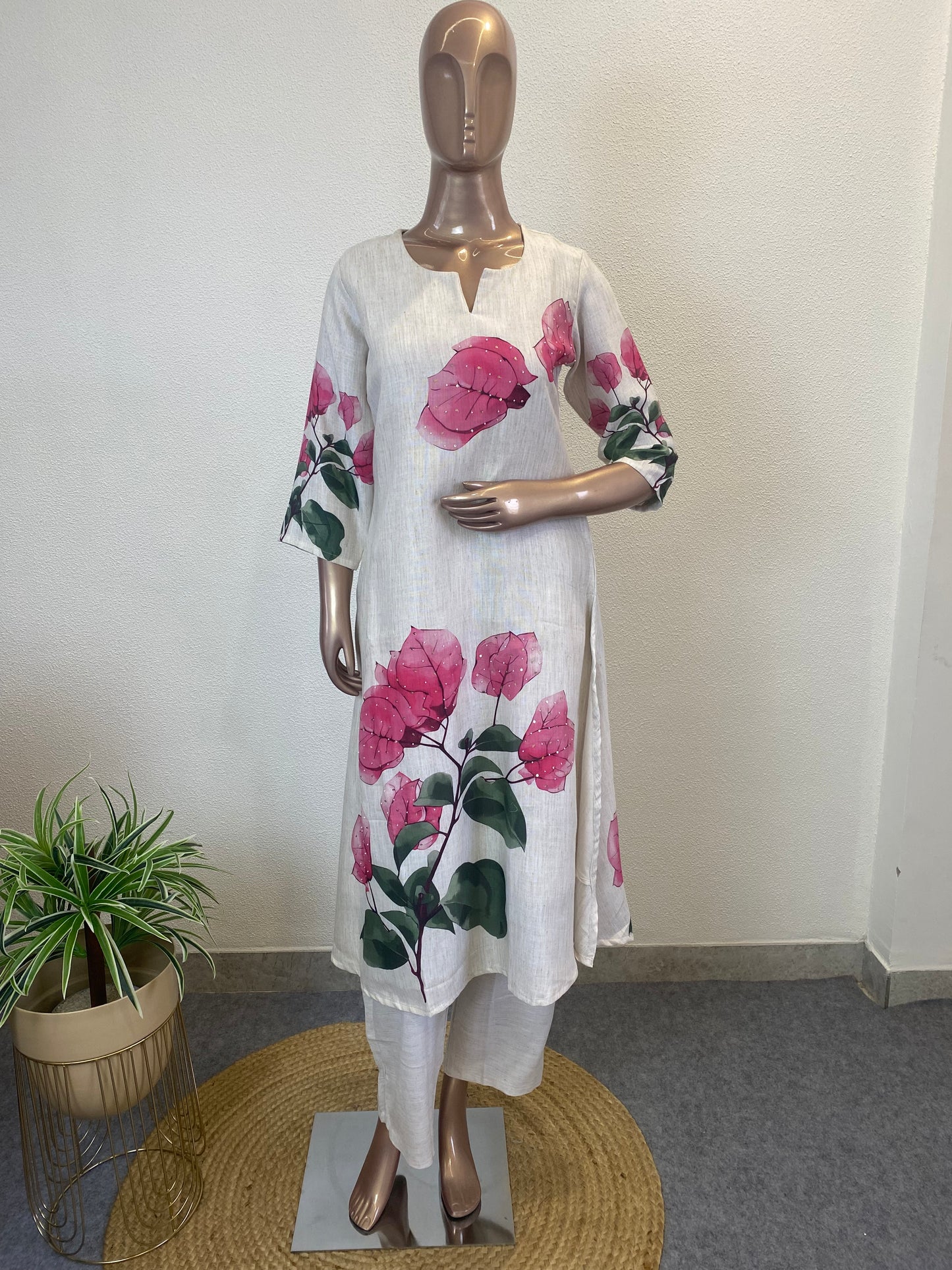 Linen Suit Set with Bougenvillia Flower Print