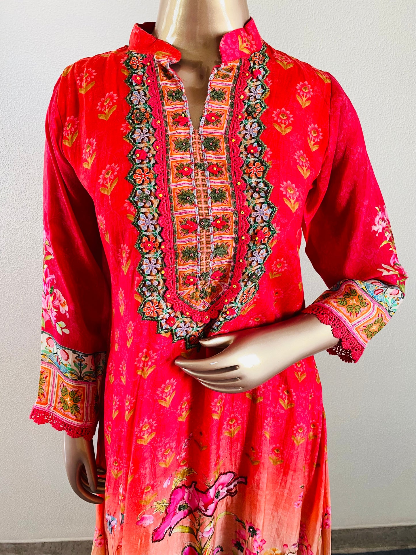 Printed Muslin A-line Suit Set-Red