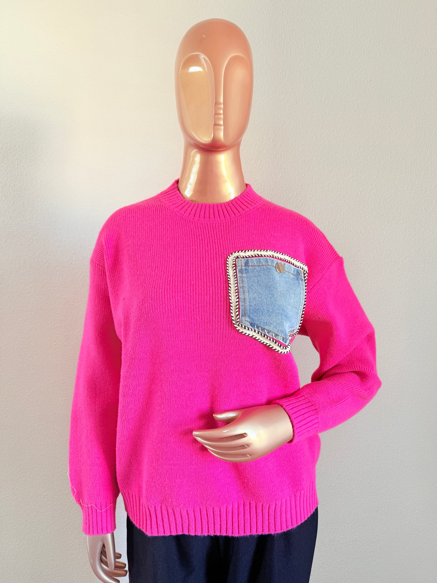 Woollen Sweater with Denim Pocket - Hot Pink