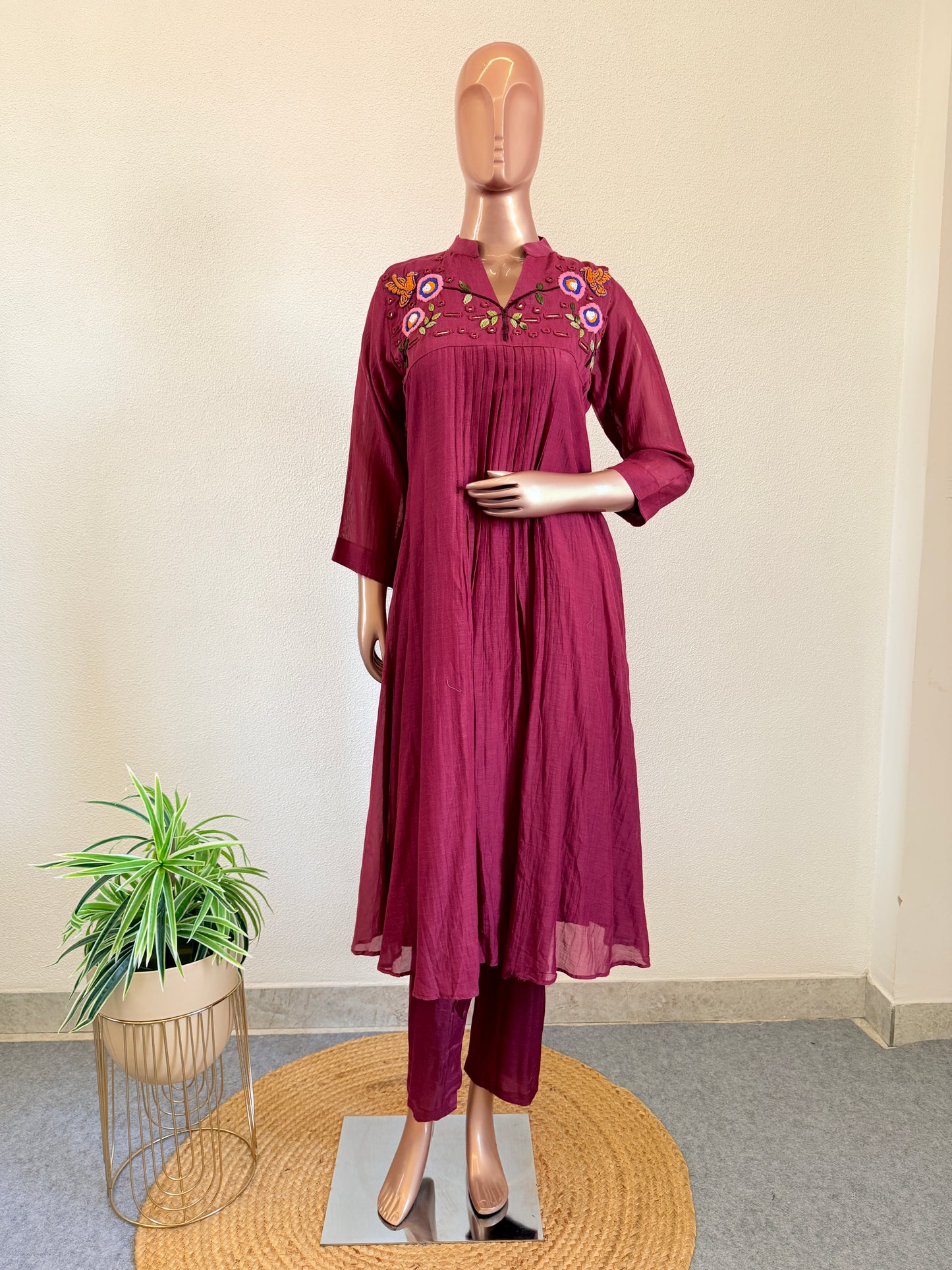 Hand embroidered Mul Chanderi Frock Suit