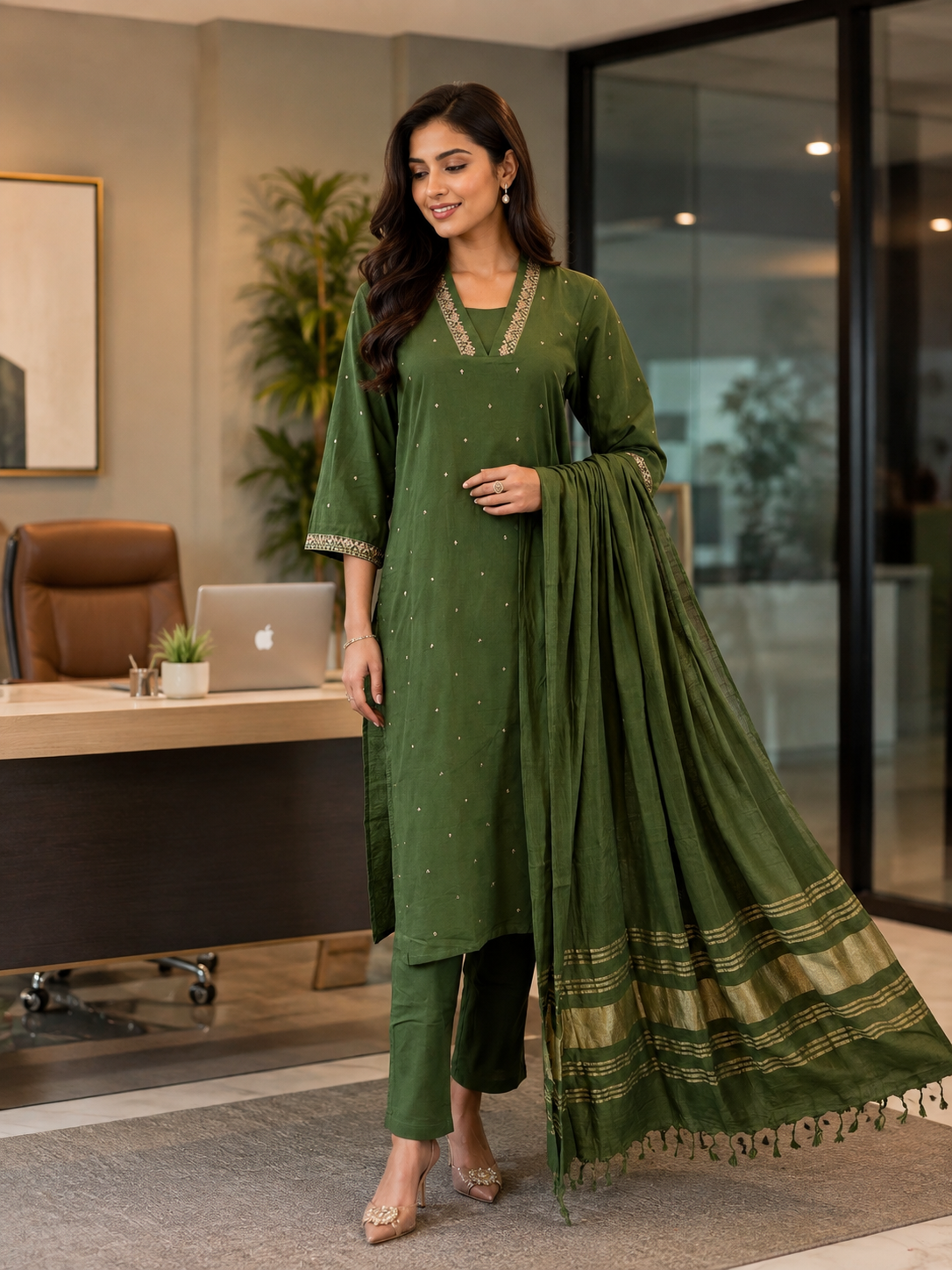 Embroidered V-Neck Linen Suit Set with Trousers & Zari Border Dupatta