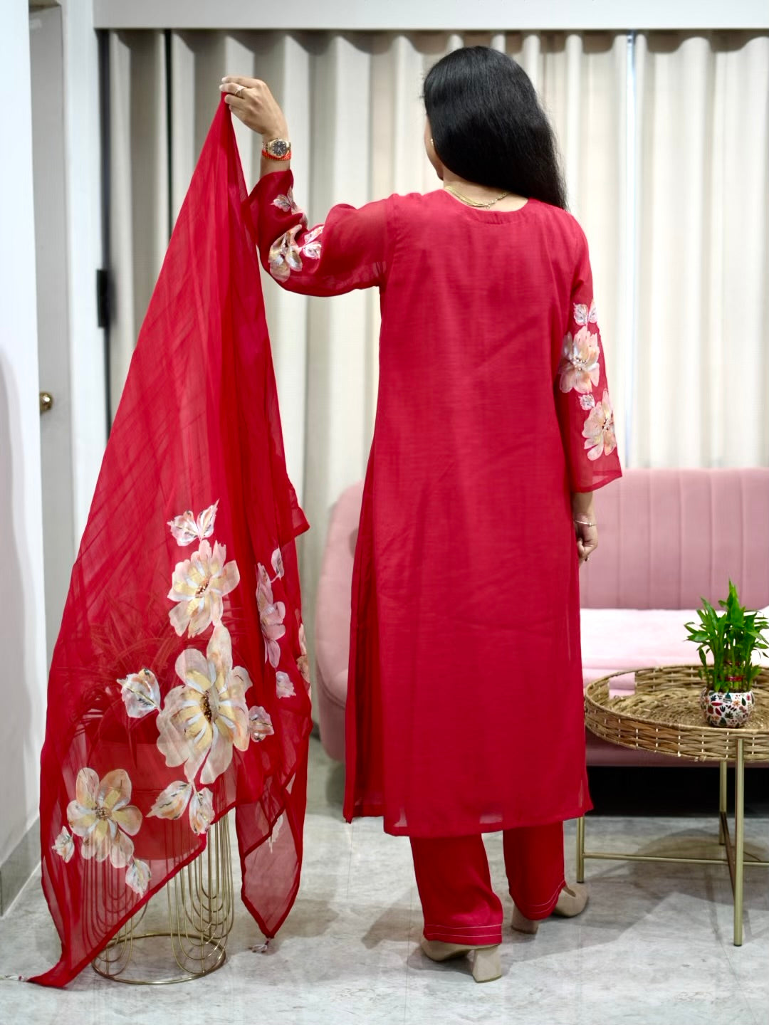 Silk Suit Set with Appliqué work on sleeves