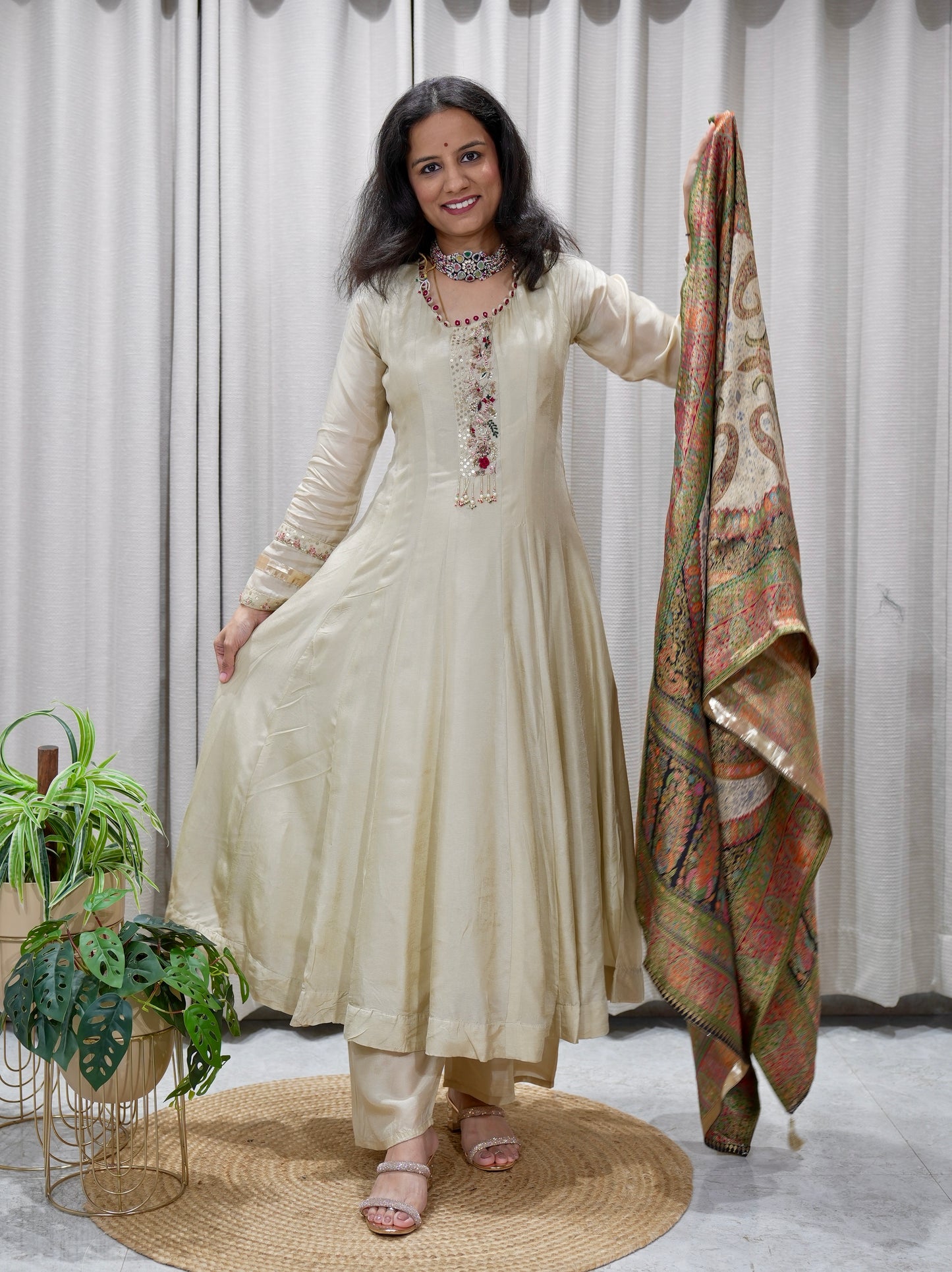 Embroidered Neckline Silk Anarkali Set with Banarasi Brocade Dupatta