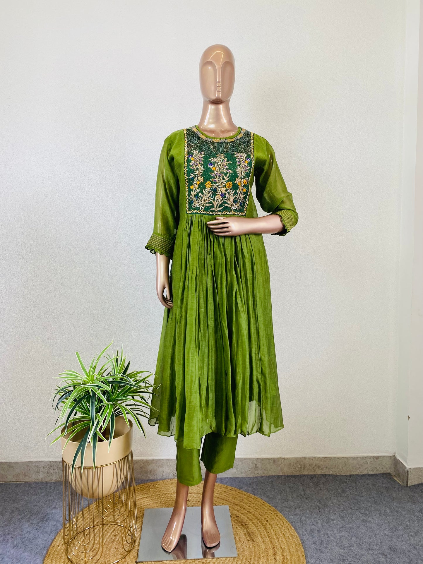 Pure Mul Chanderi Suit with Embroidered Yoke & Shaded Dupatta