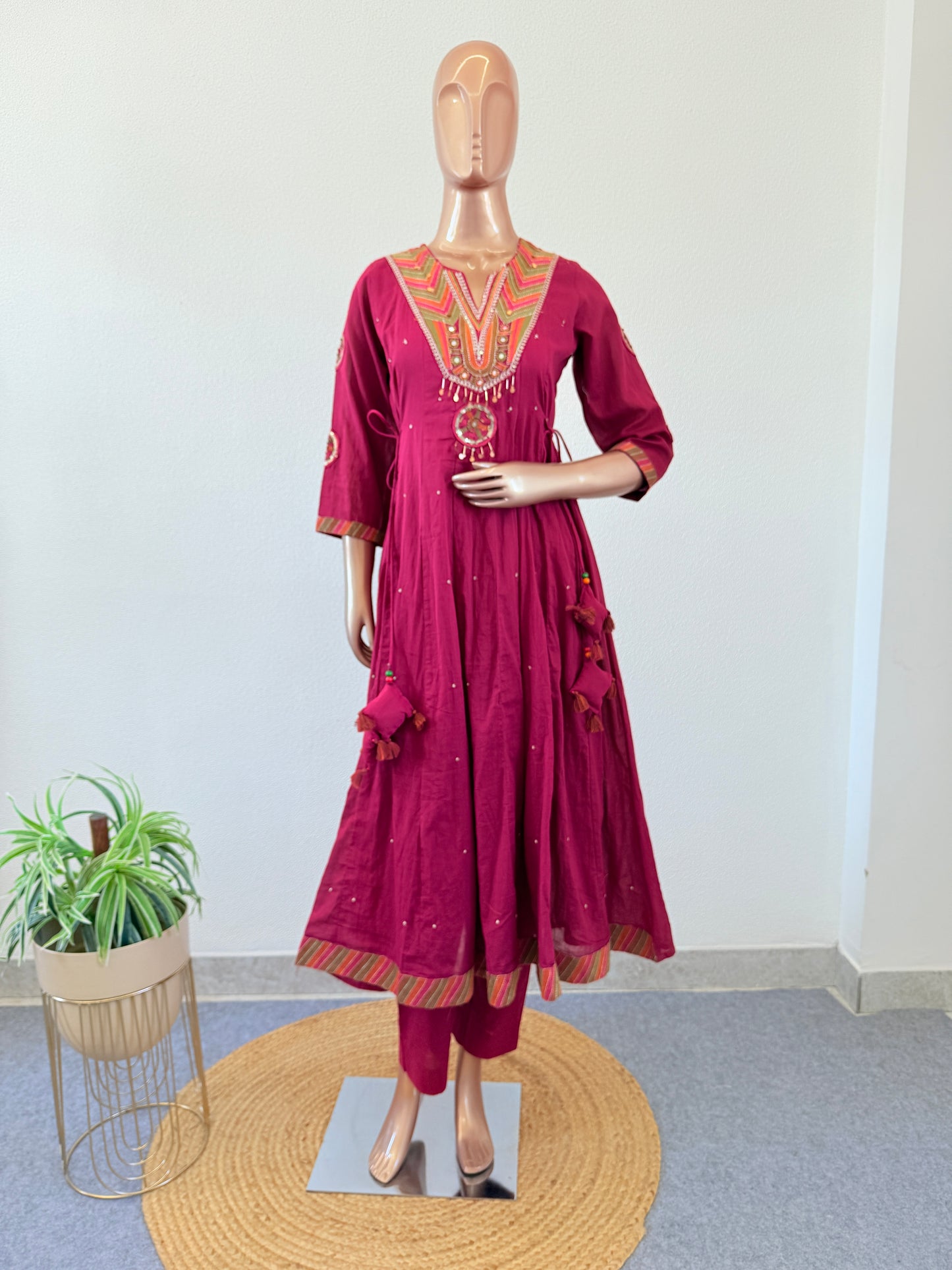 Mul Cotton Frock Suit with Heavy Neck Work - Pink