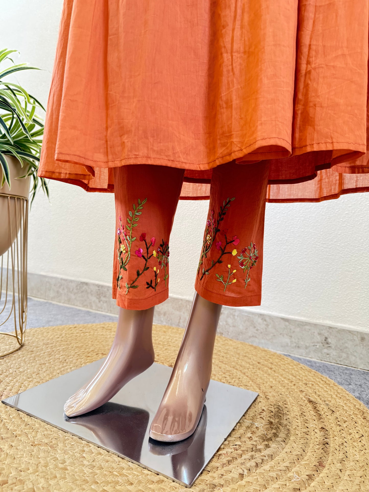 Malai Cotton Frock Suit Set with Hand Embroidery - Rust