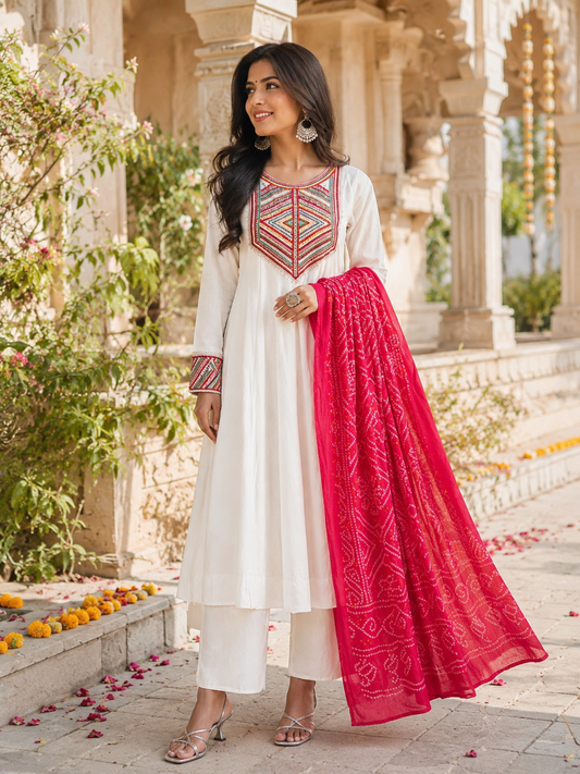 Tribal Embroidered Yoke Anarkali Suit Set with Red Bandhani Dupatta