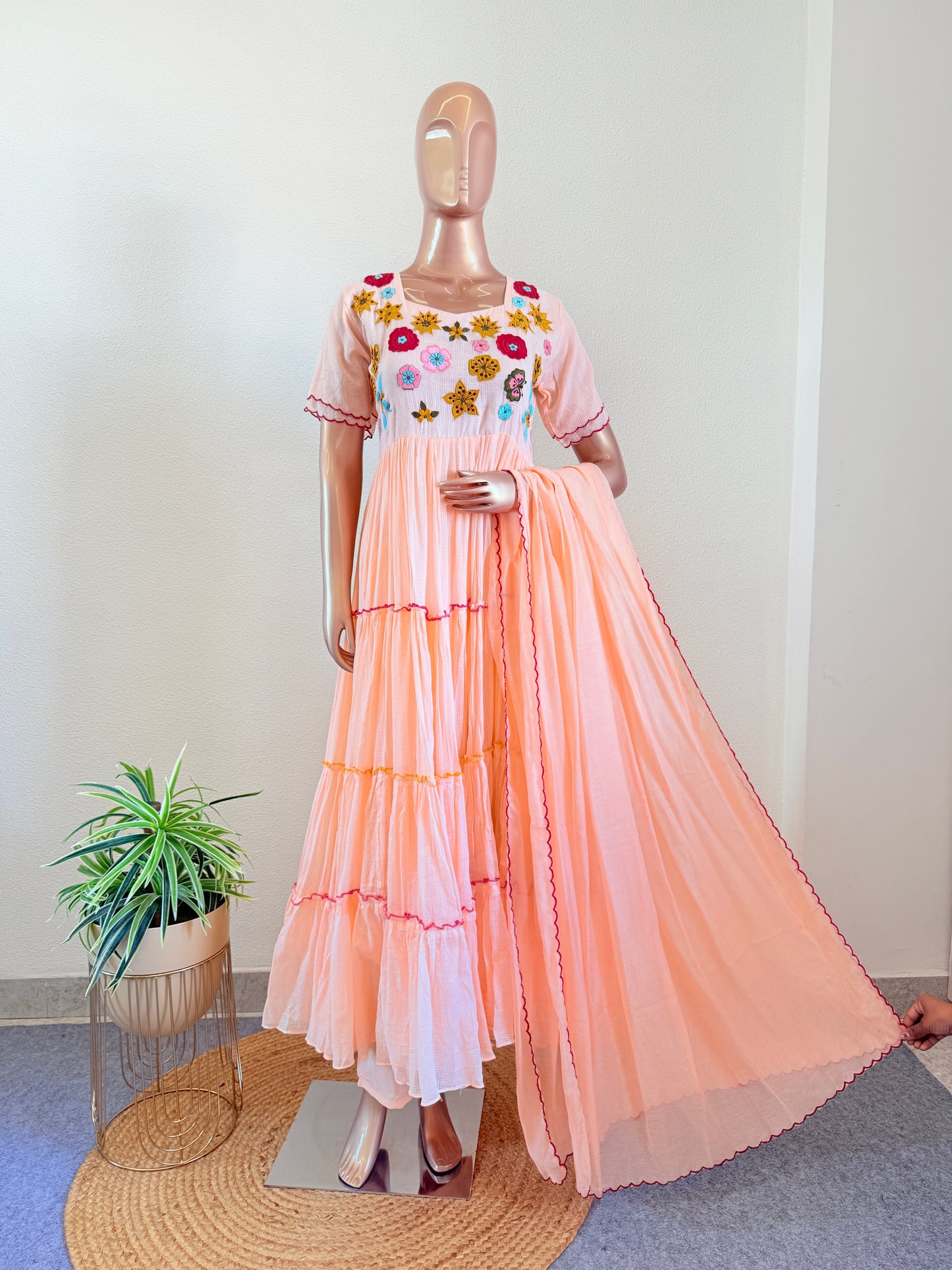 Pure Kota Doria Tiered Pattern Suit with Hand Work on Yoke