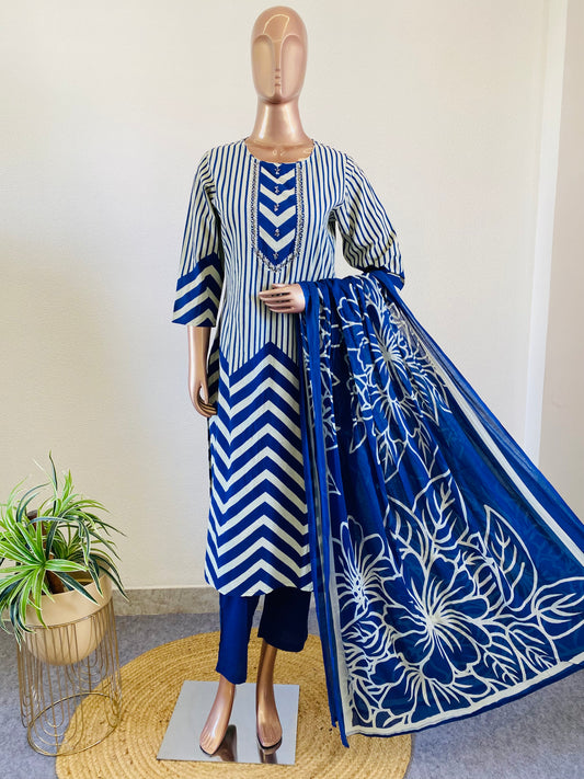 Zig Zag & Floral Cotton Suit Set - Blue