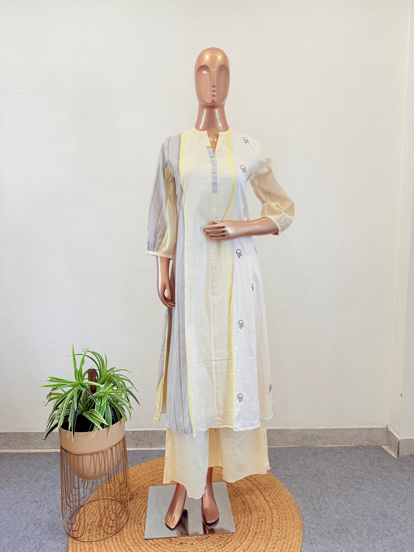 Khadi Cotton Kurta Pant Set with Katha Work - Lemon