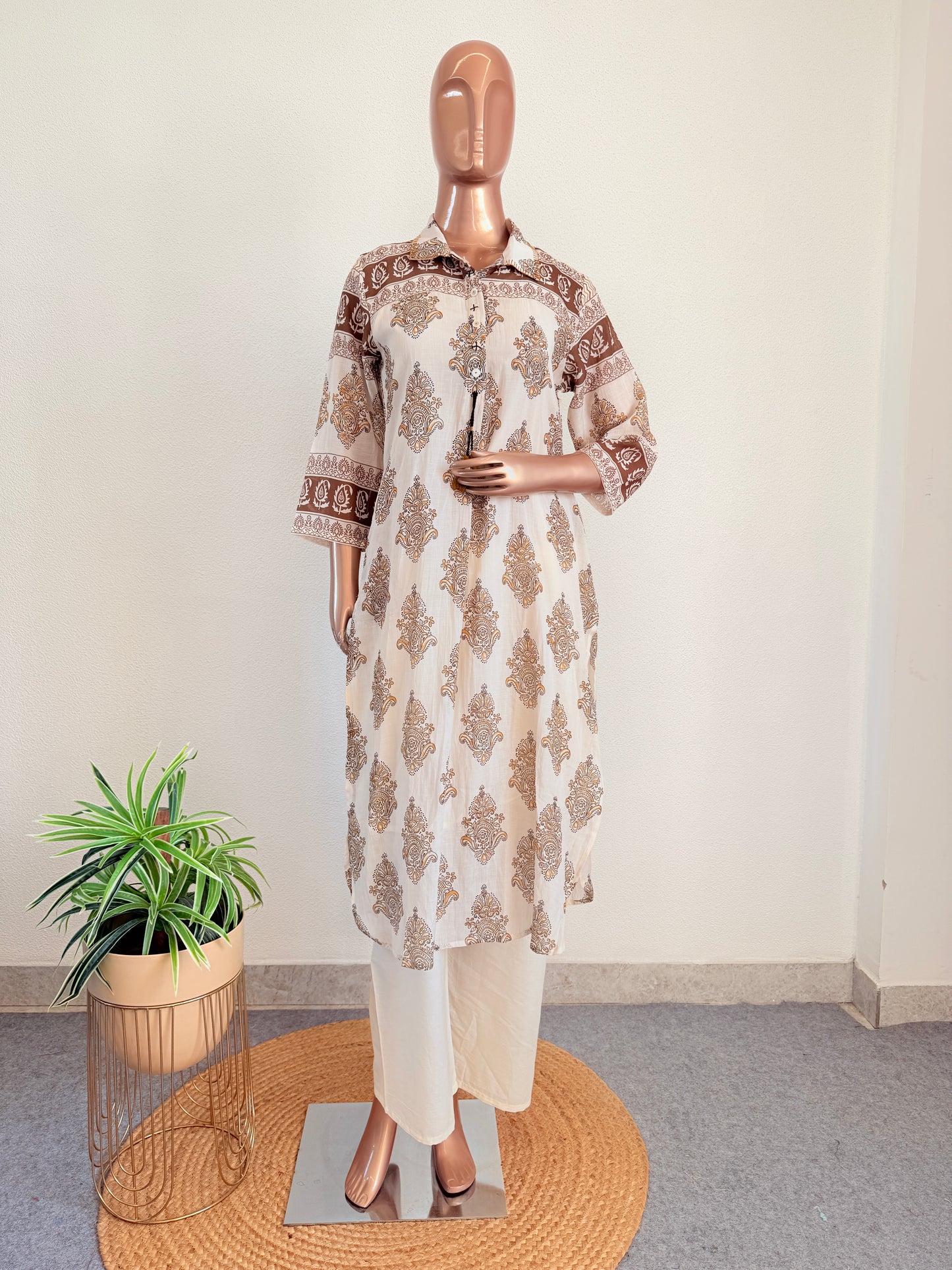 Hand-Block Printed Shirt Kurta with Straight Trousers