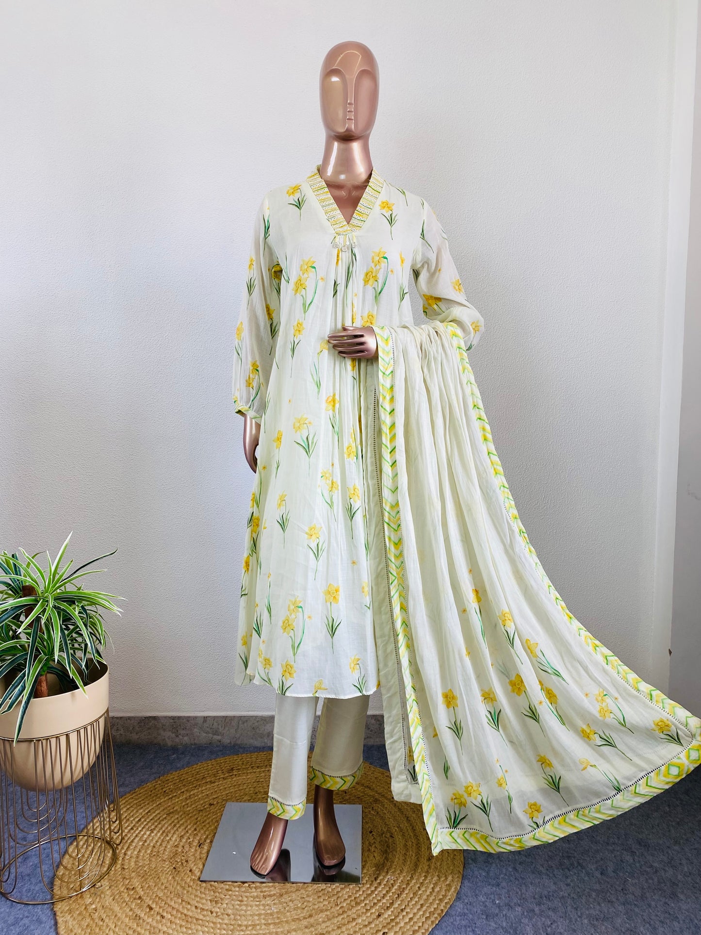 Pure Mul Chanderi Printed A-line Suit Set